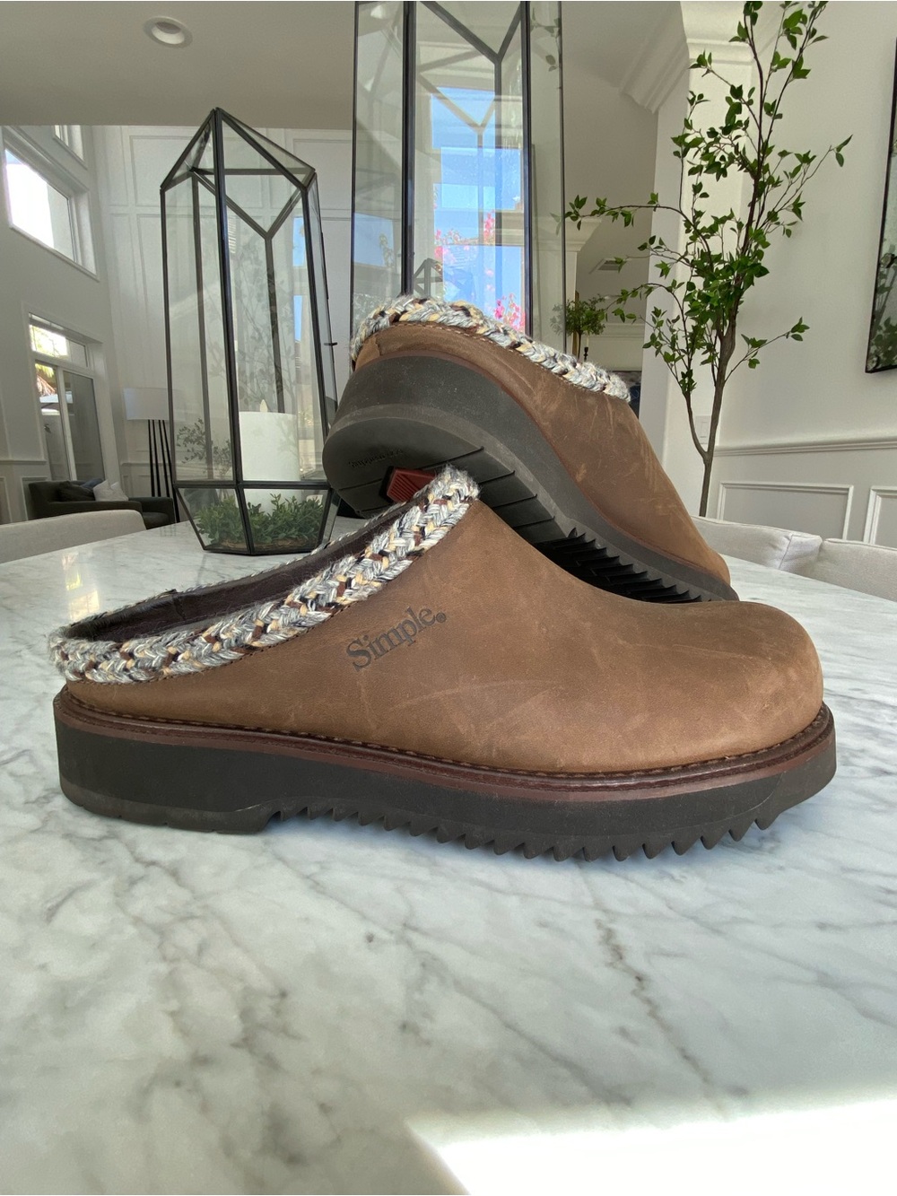 Simple Brown Leather Slip-On Clog Mule with Braided Trim